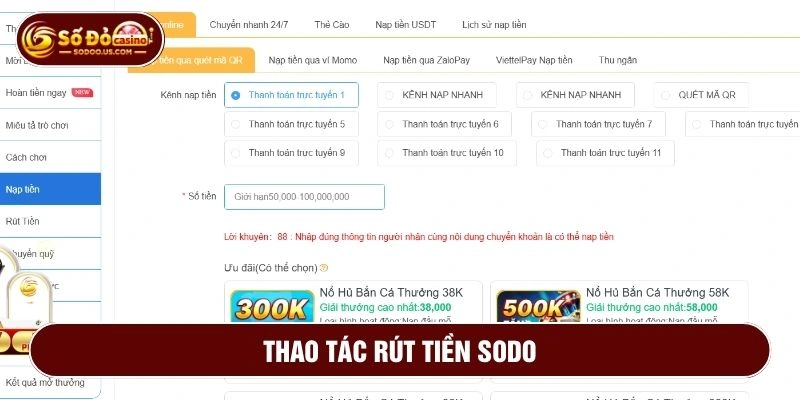 Điền thông tin vào từng phương thức theo hướng dẫn rút tiền SODO